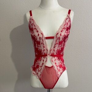 Victoria's Secret Red Floral Lace Mesh Bling Teddy One Piece Bodysuit